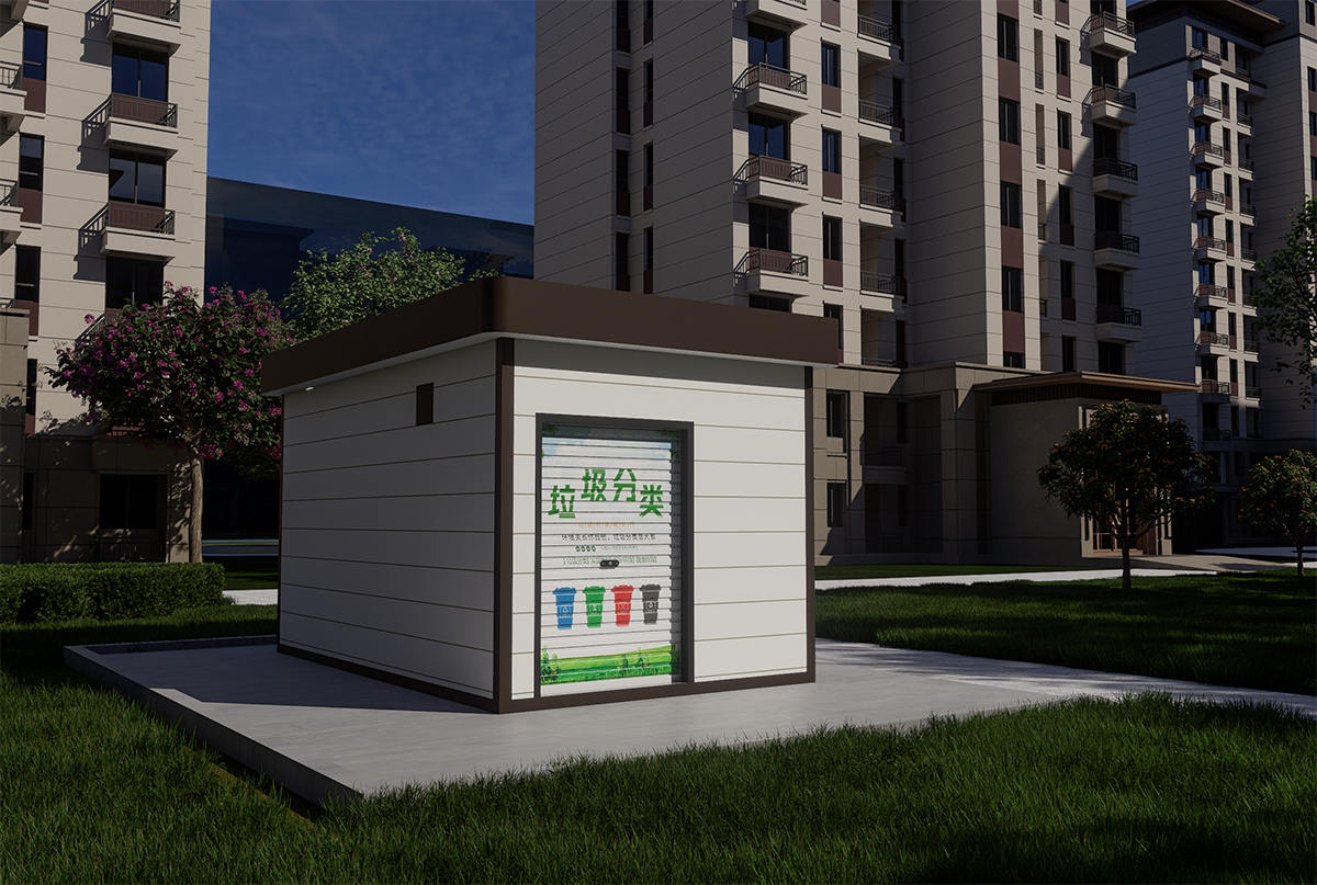 新中式簡約平頂垃圾分類房帶擋雨廊左后視圖