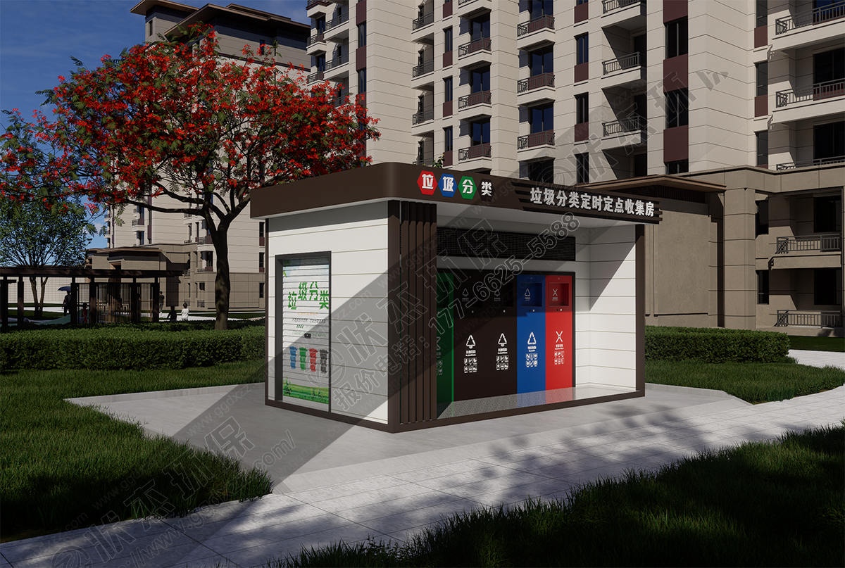 新中式簡約平頂垃圾分類房帶擋雨廊左視圖