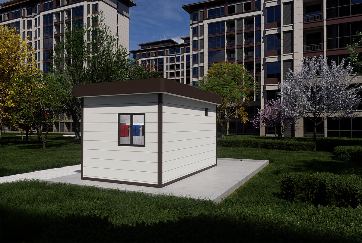 新中式簡約平頂垃圾分類房帶擋雨廊右后視圖