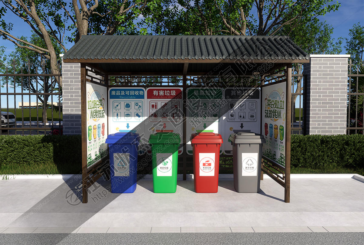 仿古垃圾分類亭前視圖