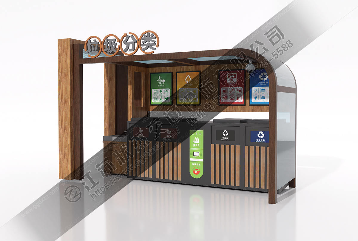 景區仿古木紋垃圾分類亭帶洗手池遠程監控效果圖