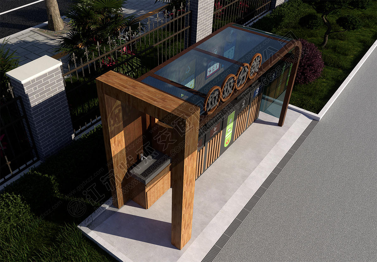 景區仿古木紋垃圾分類亭俯視圖