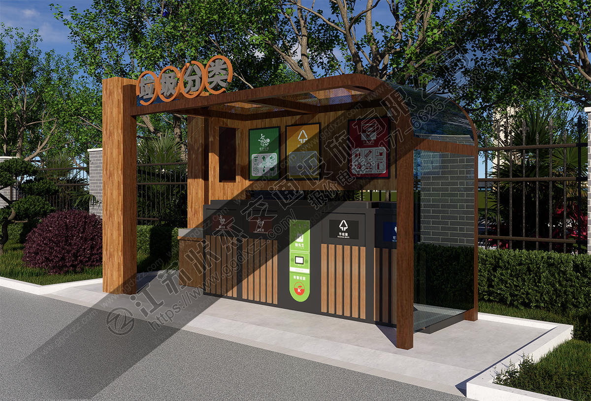 景區仿古木紋垃圾分類亭前視圖